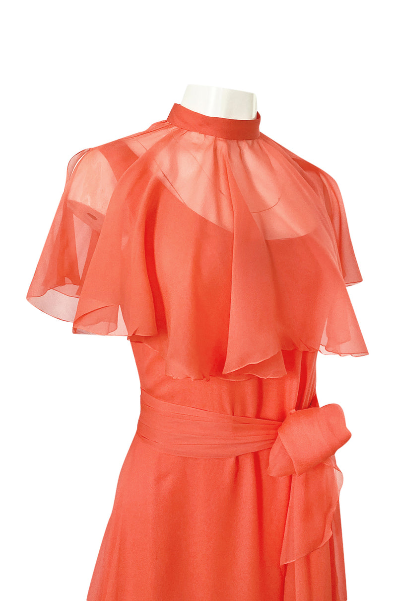 Prettiest 1970s George Stavropoulos Coral Silk Chiffon Dress Capelet & Sash