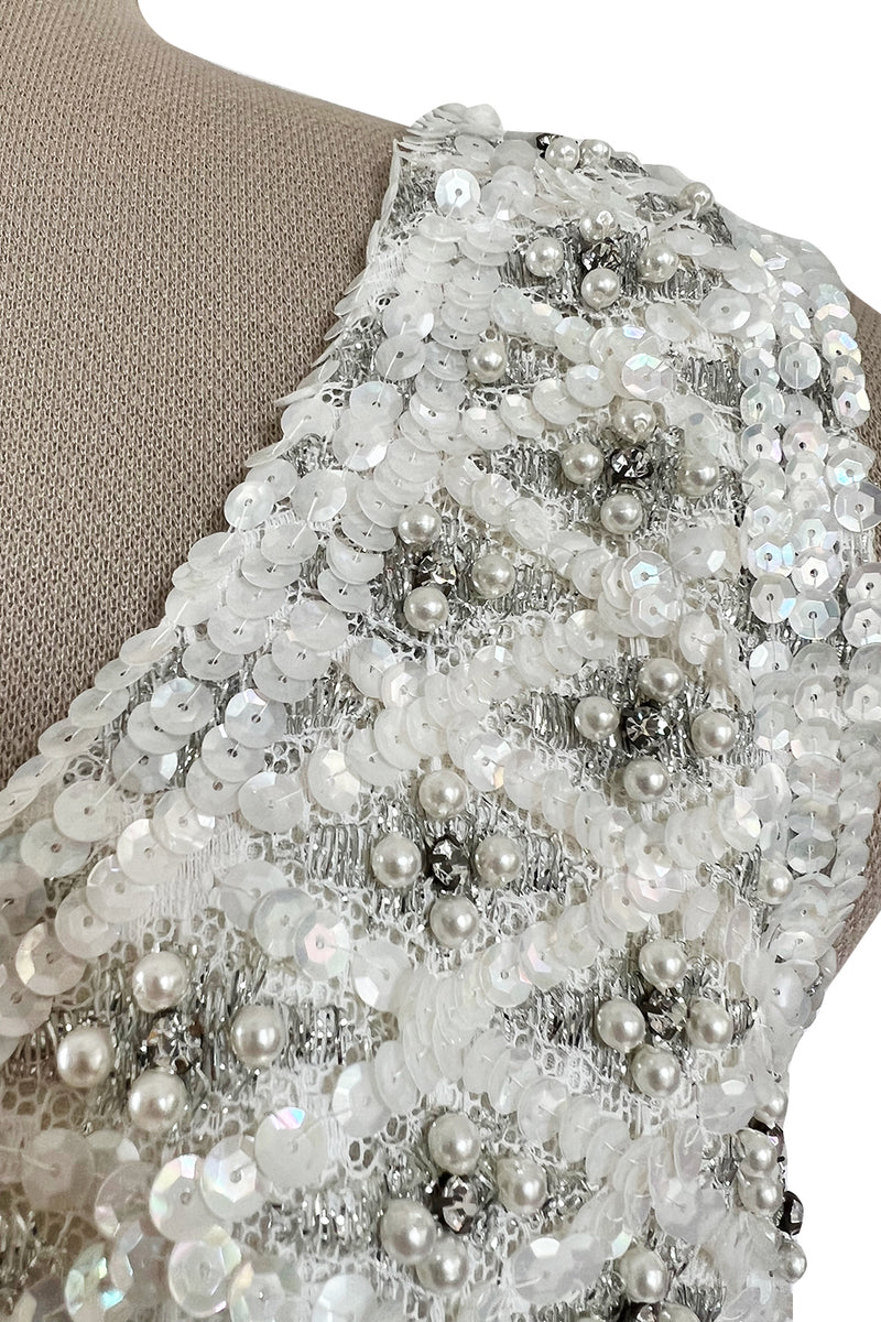 Fabulous 1960s Madeleine de Rauch Haute Couture Pearl White Sequin & Rhinestone Dress