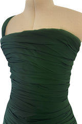 Spectacular Late 1970s Galanos Moss Green Silk Chiffon Car Wash Hem Dress w Draped Shoulder Panel