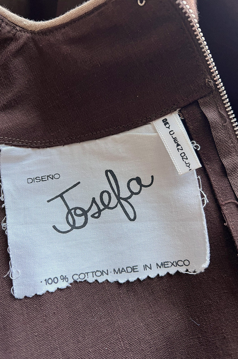1960s Josefa Hand Embroidered Chocolate & Natural Linen Colour Bell Sleeve Caftan