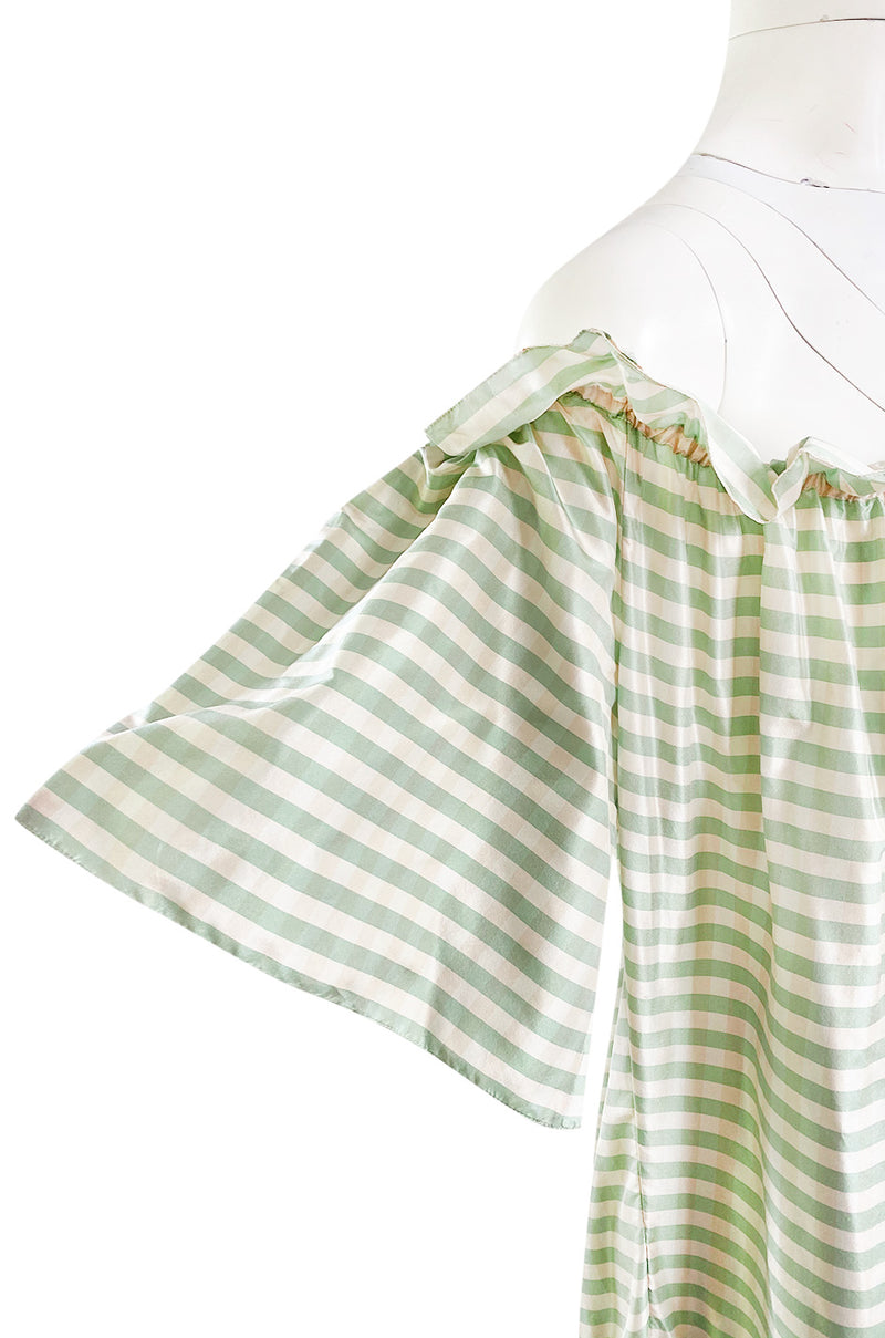 Spring 1999 Oscar De La Renta Pale Green Striped Silk Taffeta Billowing Over Dress & Pant Set