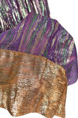 Fabulous 1970s Adolfo Metallic Gold, Green and Purple Silk Skirt, Tassle Belt & Top Set