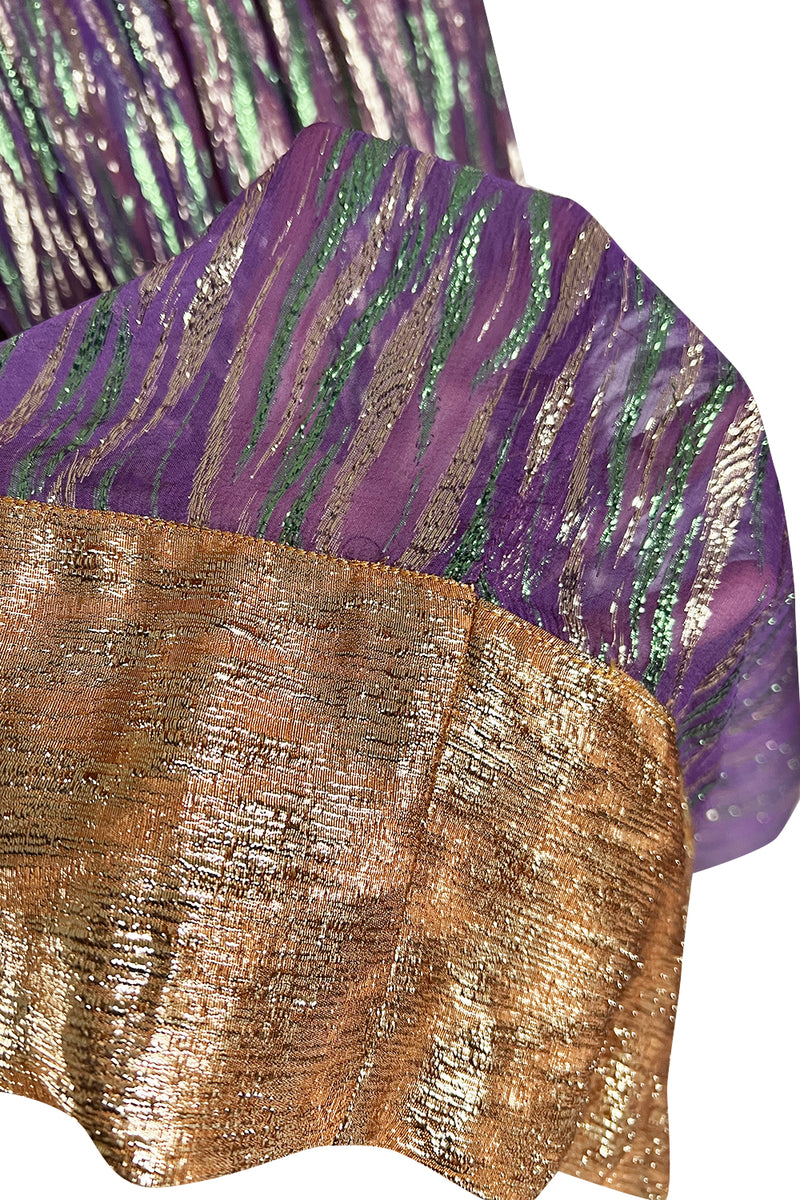Fabulous 1970s Adolfo Metallic Gold, Green and Purple Silk Skirt, Tassle Belt & Top Set