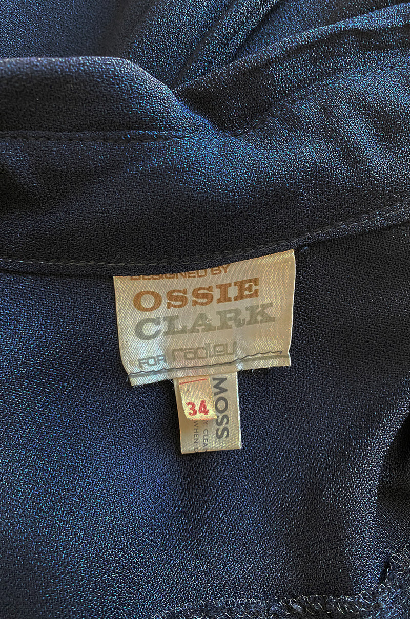c.1969 Ossie Clark Black Moss Crepe Dress w Bishop Sleeves, Button Front & Dog Ear Collar