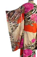 1960s Hanae Mori Couture Long Open Kimono Sleeve Pink Floral Print Cotton Caftan Dress