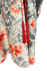 1970s Jean Varon Floral Printed Pale Blue Grey & Red Caftan w Red Piping & Long Tassel Details