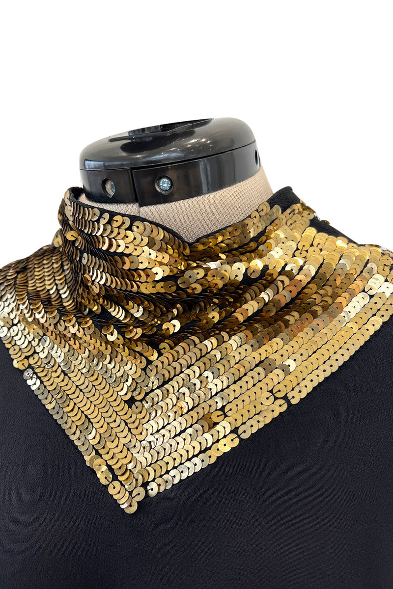 Fabulous 1930s Bias Cut Black Crepe w Gold Sequin Collar and Gold Metal Button Detail