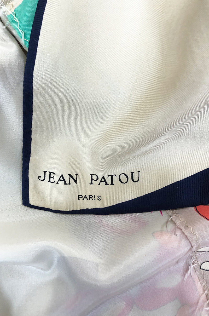 1960s Jean Patou Couture Signed Scarf Print Silk Twill Mini Dress
