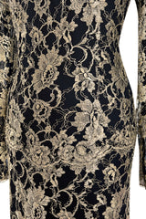 Exceptional Fall 1986 Chanel by Karl Lagerfeld Runway Metallic Gold Thread on Black Silk Net Dress