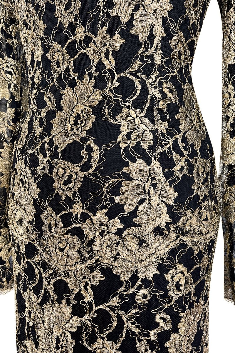 Exceptional Fall 1986 Chanel by Karl Lagerfeld Runway Metallic Gold Thread on Black Silk Net Dress