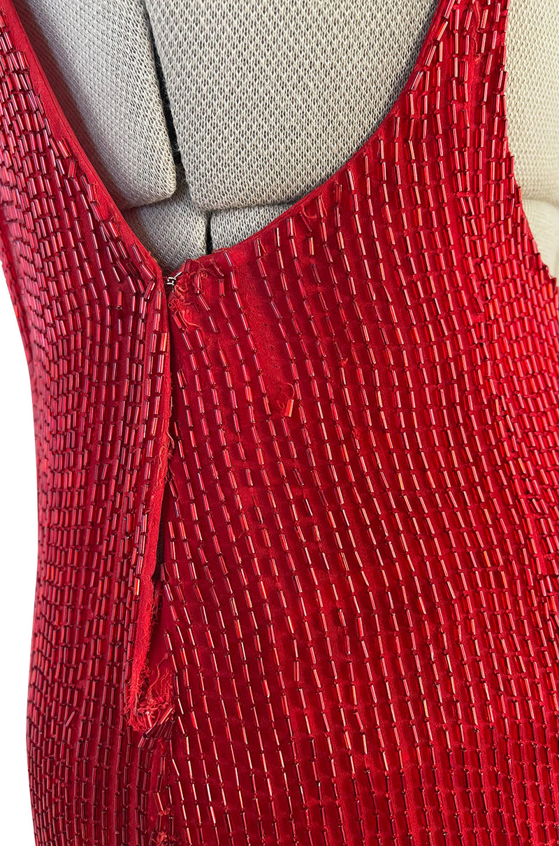 Showstopping 1975 John Anthony Couture Deep Plunging Red Dress Entirely Covered in Glass Beads