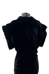 Stunning 1930s Black Silk Velvet Bias Cut Dress w Top Stitched Sleeves & Silver Glitter Buttons