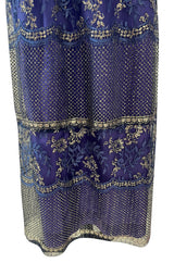 Demi-Couture 1970s Lanvin by Jules-Francois Crahay Blue Net Dress w Metallic Gold Detailing