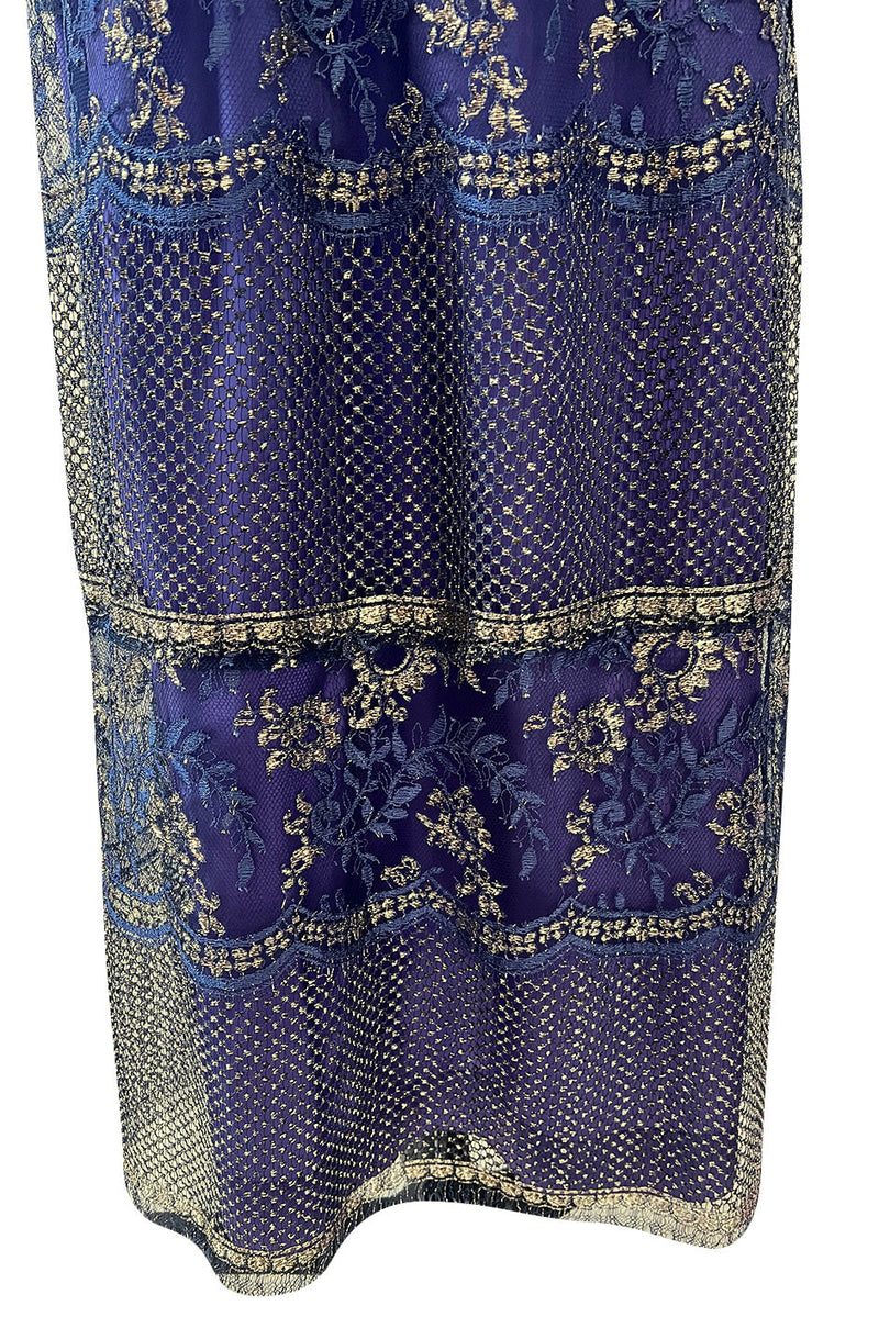 1970s Lanvin by Jules-Francois Crahay Demi-Couture Metallic Gold Detailing BlueNet Dress