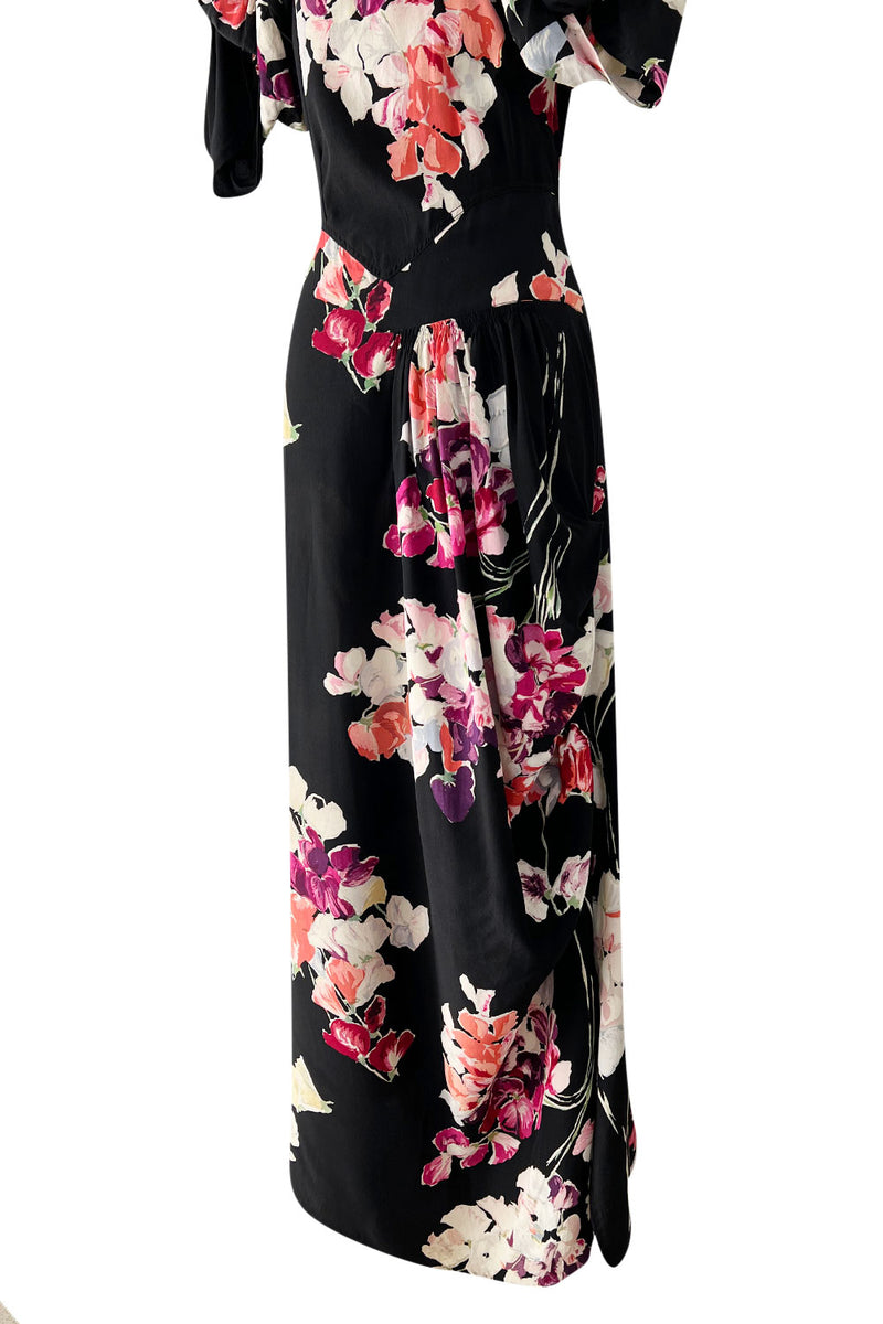Stunning 1930s Unlabeled Black Silk Crepe Dress w Brilliant Pink & Coral Floral Print