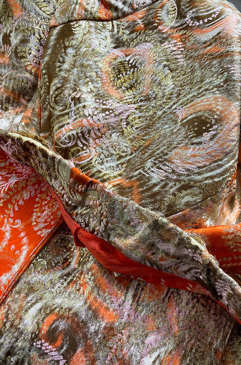 Unusual 1960s Bill Blass Open Panel Gold & Coral Metallic Coat