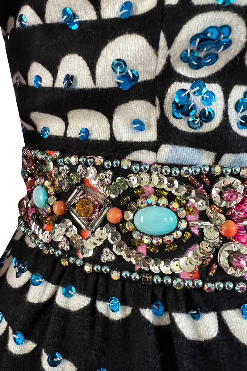 Amazing 1970s Unlabeled Valentina Inc. Rainbow Colored Elaborate Sequin & Bead Detailed Dress