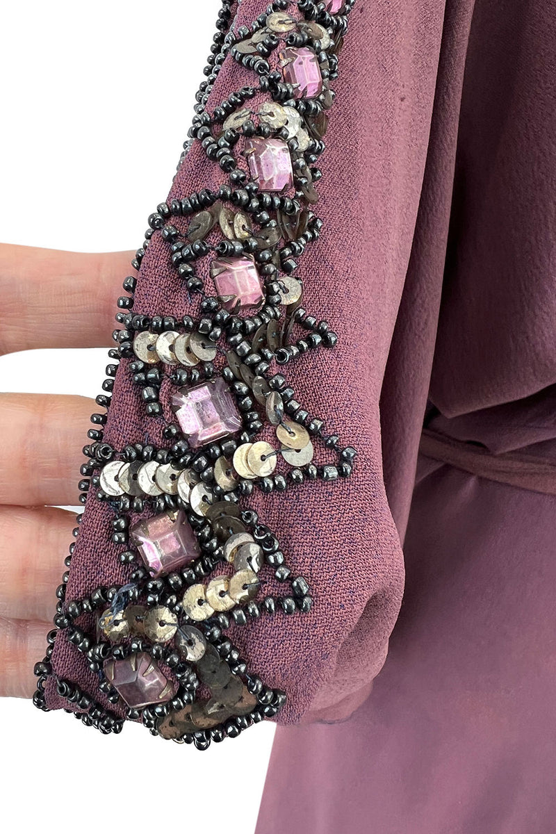 Unusual 1930s Avant Garde Mauve Moss Crepe Dress w Hand Beaded Sleeve Detailings