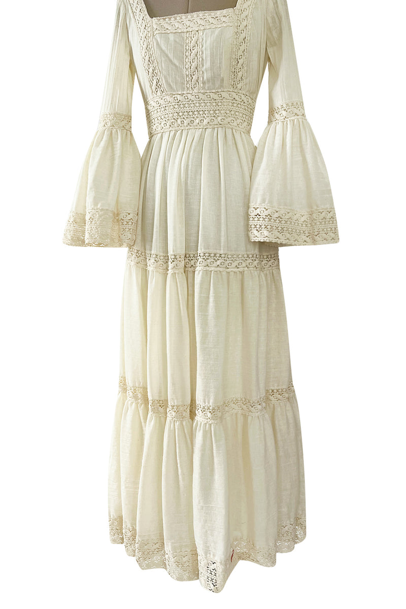 Bohemian 1970s Victor Costa Mexican Wedding Dress Feel Ivory Cotton & Lace Dress