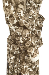 1970s Yves Saint Laurent Soft Brown Floral Print Silk Dress Top & Skirt Set