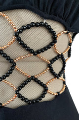 Incredible 1970s Loris Azzaro Open Gold & Black Bead Waist Dress w Halter Top & Bare Back