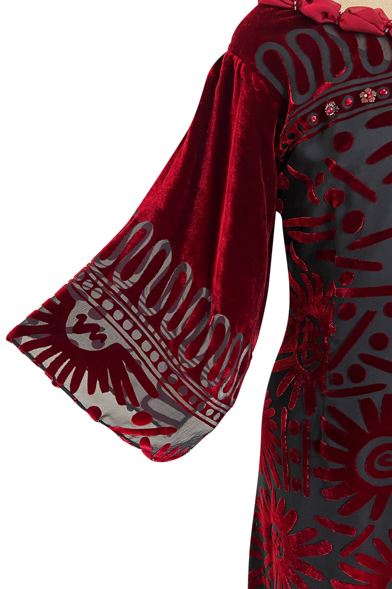Gorgeous 1980s Zandra Rhodes Deep Red Cut Velvet Caftan Dress w Beaded Detailing
