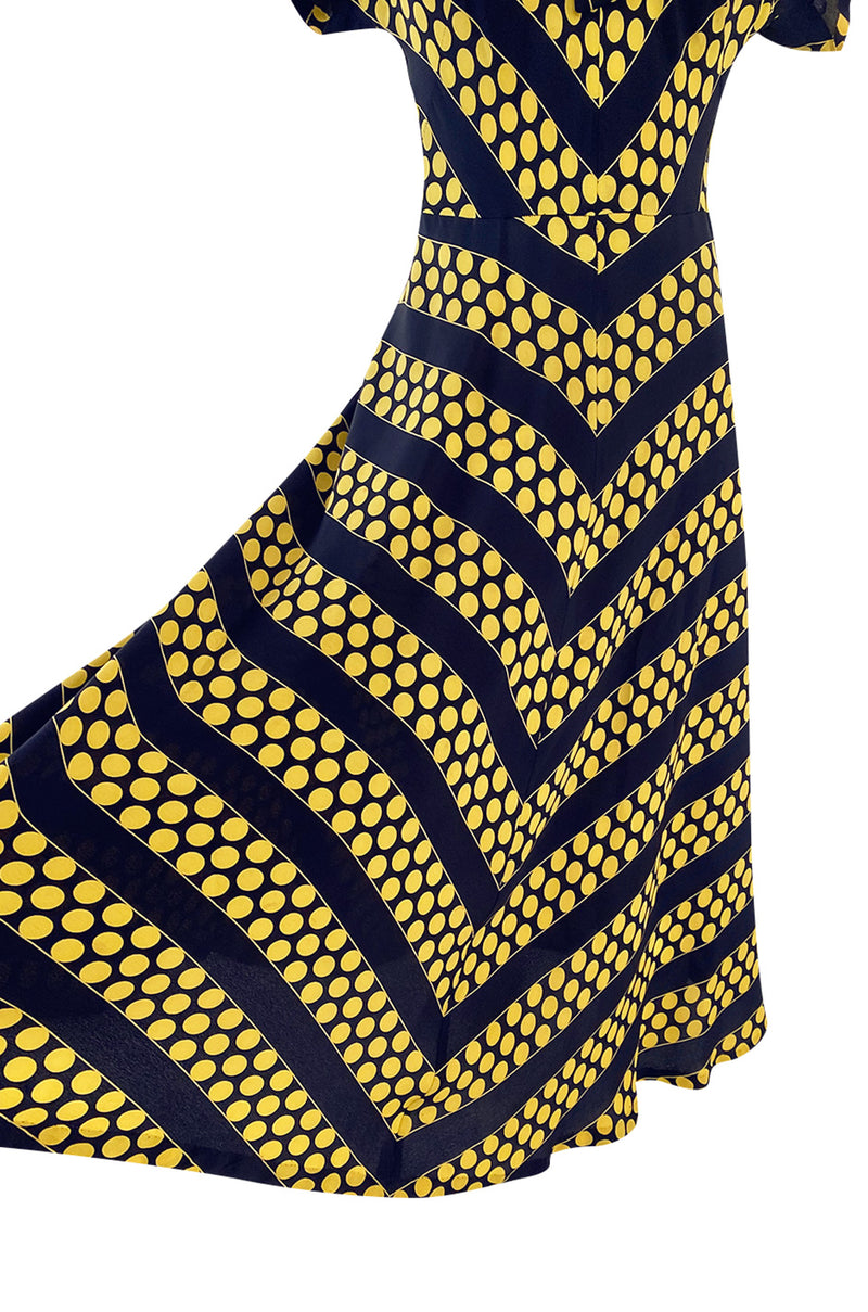 navy and yellow dress Gorgeous 1940s Yellow Dot & Deep Navy Black Chevron Print Silk Swing D – Shrimpton Couture