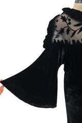 Gorgeous 1930s Bias Cut Silk Velvet Dress w Silk Mesh & Applique Detailing & Incredible Sleeves