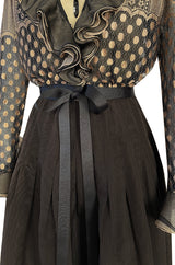 Incredible 1980s Unlabeled Haute Couture Silk Net & Brown Silk Taffeta Plunge Front Dress
