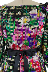 Beautiful 1970s Michael Novarese Ribbon Weave Silk Chiffon Bright Floral & Metallic Dress