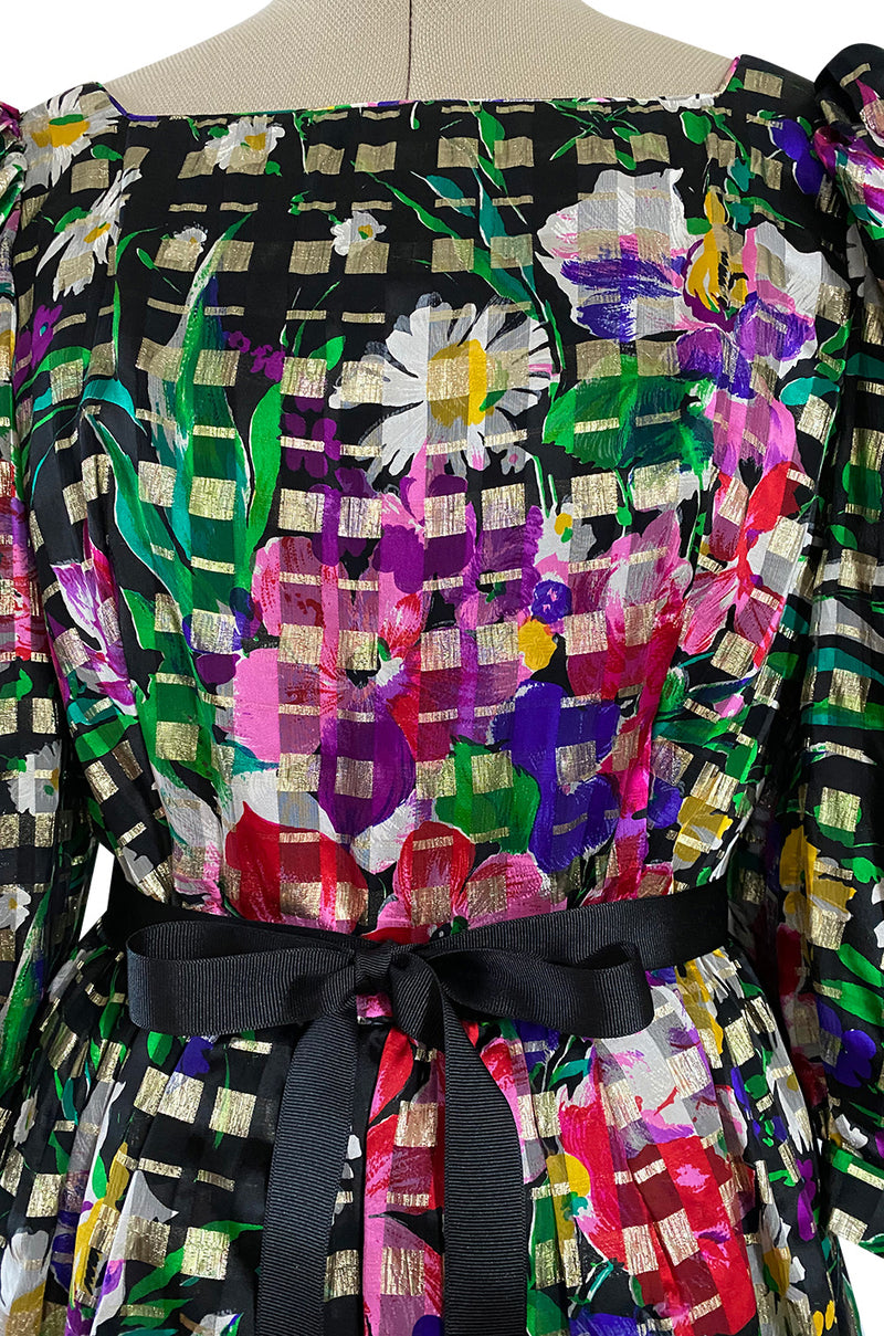 Beautiful 1970s Michael Novarese Ribbon Weave Silk Chiffon Bright Floral & Metallic Dress