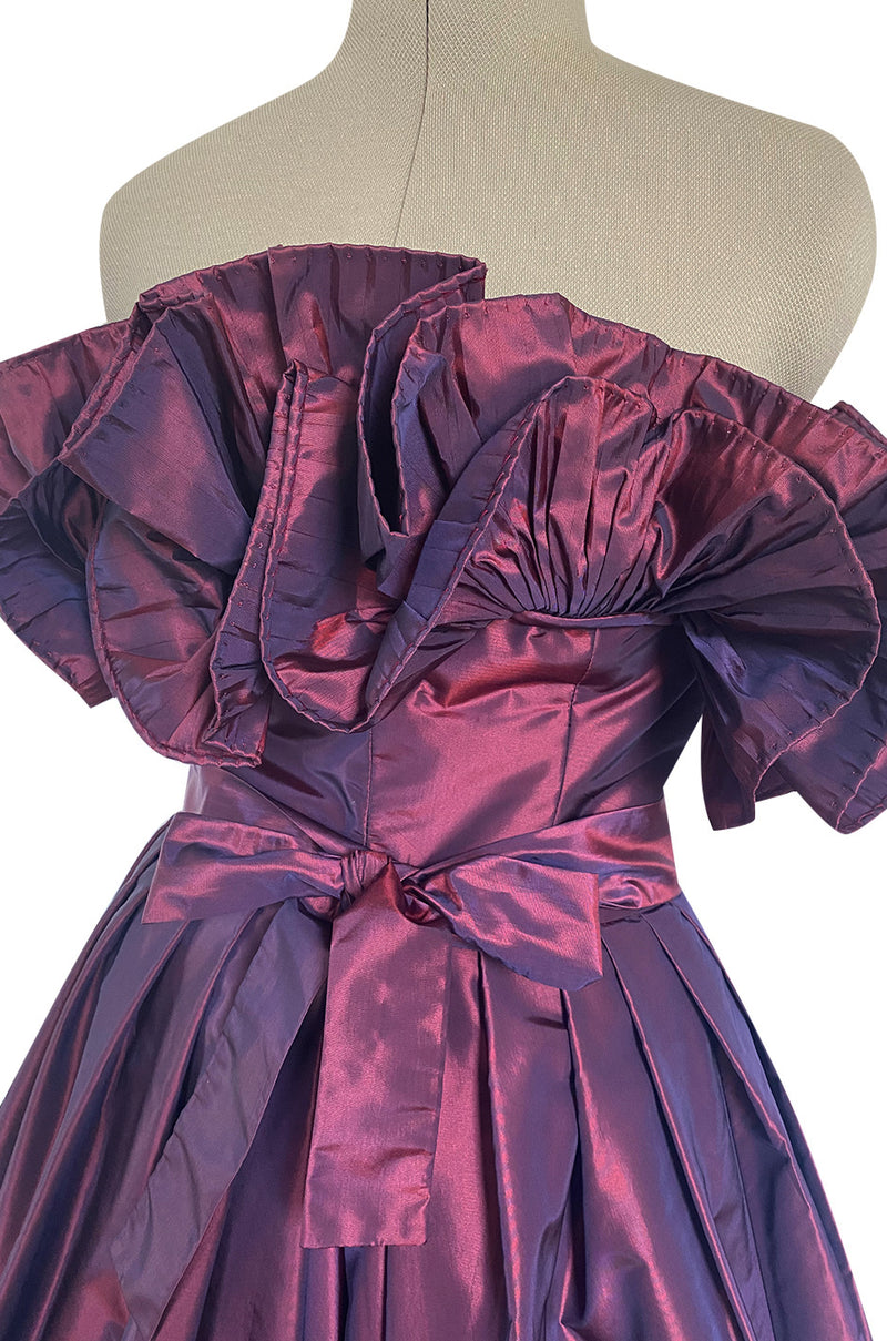 1970s Victor Costa Iridescent Deep Burgundy Purple Silk Taffeta Dress with Strapless Ruffled Neckline
