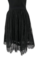 Gorgeous Late 1970s Pauline Trigere Black Wool Crepe Dress w Lace Skirt & Shoulders