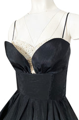 1950s Unlabeled Black Full Circle Skirted Silk Dress w Daisy Applique Bust