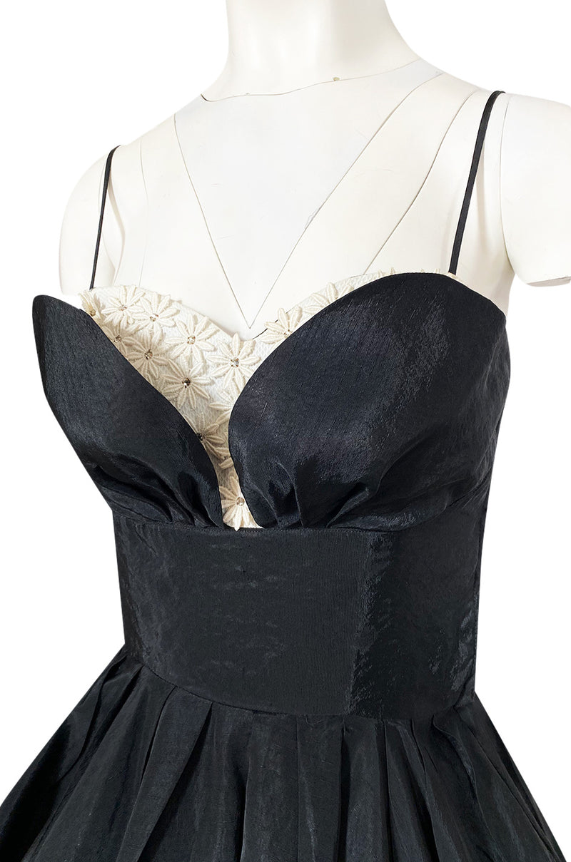 1950s Unlabeled Black Full Circle Skirted Silk Dress w Daisy Applique Bust