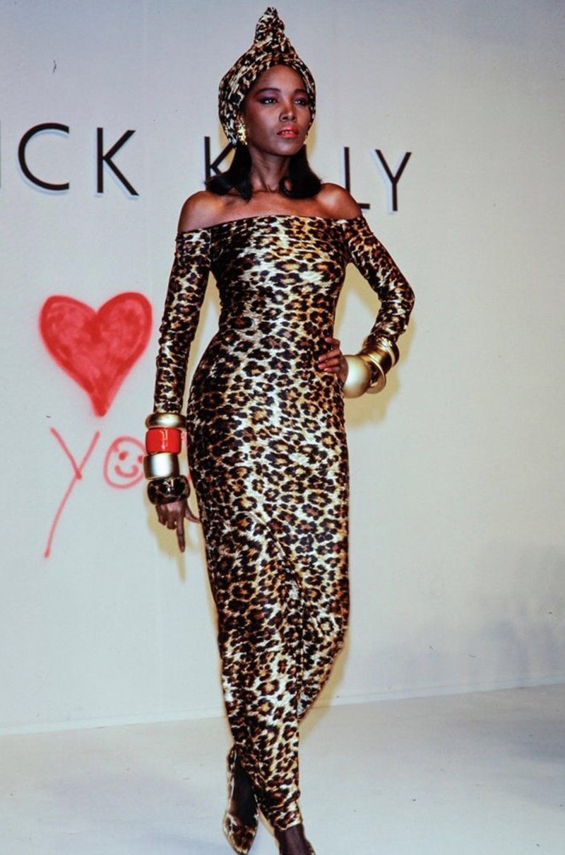 Iconic Fall 1989 Patrick Kelly Off Shoulder Leopard Stretch Velvet Dress