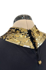 Fabulous 1930s Bias Cut Black Crepe w Gold Sequin Collar and Gold Metal Button Detail