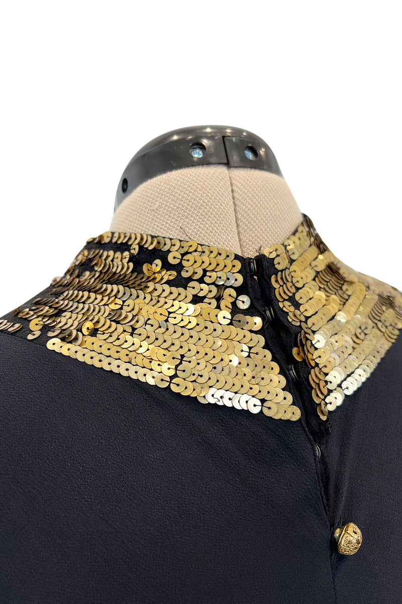 Fabulous 1930s Bias Cut Black Crepe w Gold Sequin Collar and Gold Metal Button Detail
