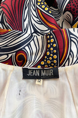 1972 Jean Muir Abstract Printed Silk Satin Dress w Pin Tuck Detailed Bodice