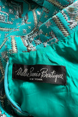 Gorgeous 1970s Mollie Parnis Turquoise Dress w Metallic Gold & Silver Detailing