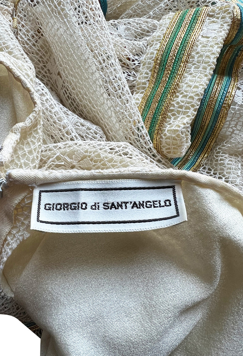 1975 Giorgio Sant' Angelo Hand Crochet Dress w Balloon Sleeves & Metallic Ribbon Detailing