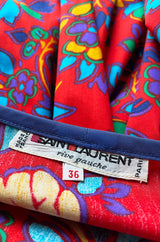 Spring 1983 Yves Saint Laurent Red Floral Print Balloon Sleeve Dress w Corset Waist & Peplum