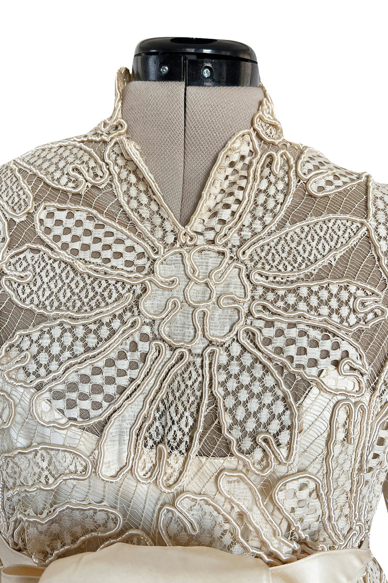 Extraordinary 1960s Donald Brooks Couture Ivory Net Lace & Silk Cord Babydoll Dress