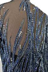 Incredible 1980s Bob Mackie Blue & Silver Beaded & Sequin Dress on Black Net