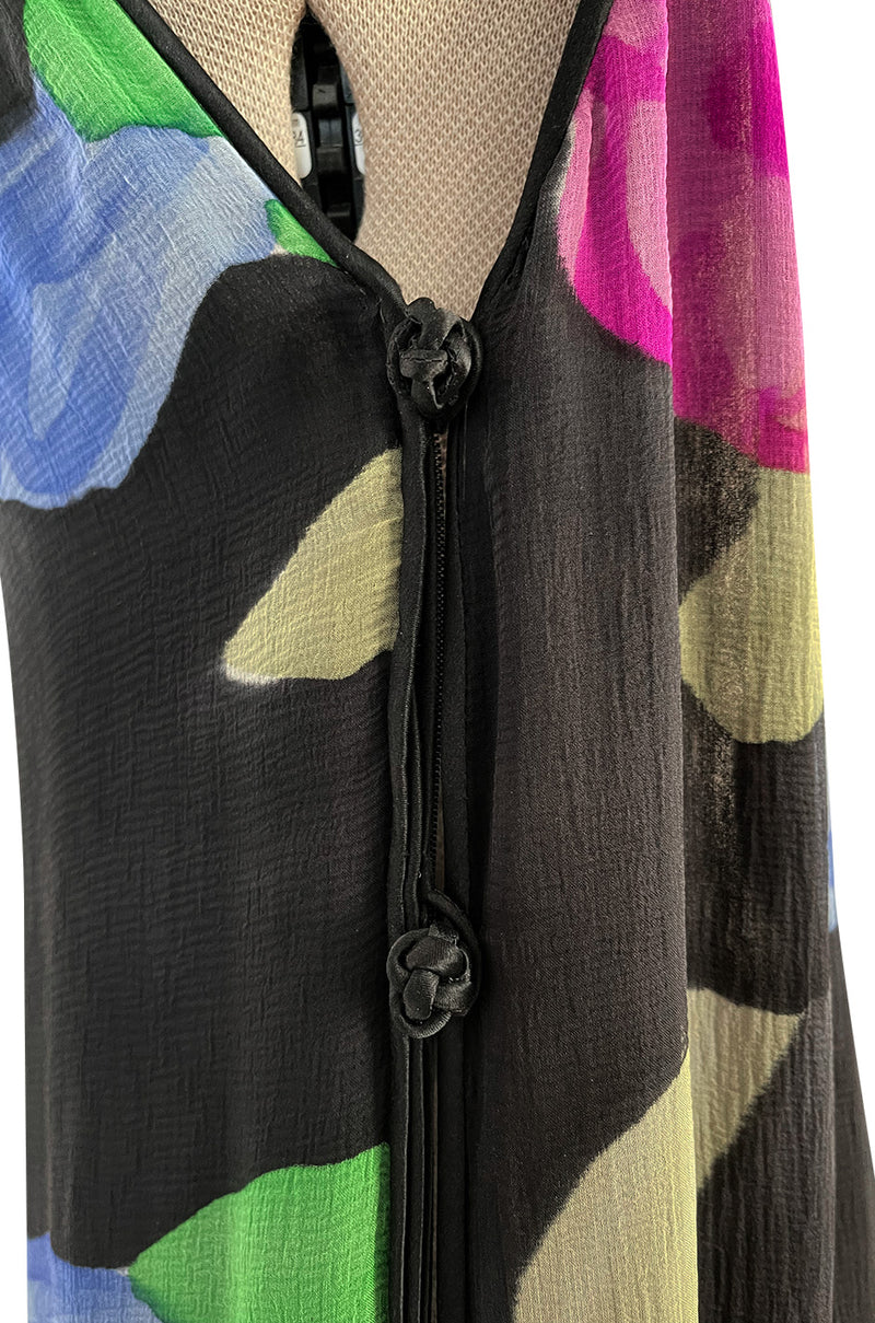 Custom 1970s James Galanos Floral Print Silk Chiffon Dress w Deep Plunging Black Lace Inserts