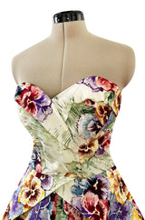 Sweetest 1950s Party Lines by Emma Domb Pansy Print Strapless Dress w Full Skirt
