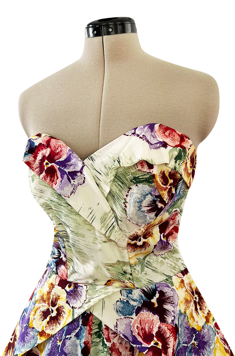 Sweetest 1950s Party Lines by Emma Domb Pansy Print Strapless Dress w Full Skirt