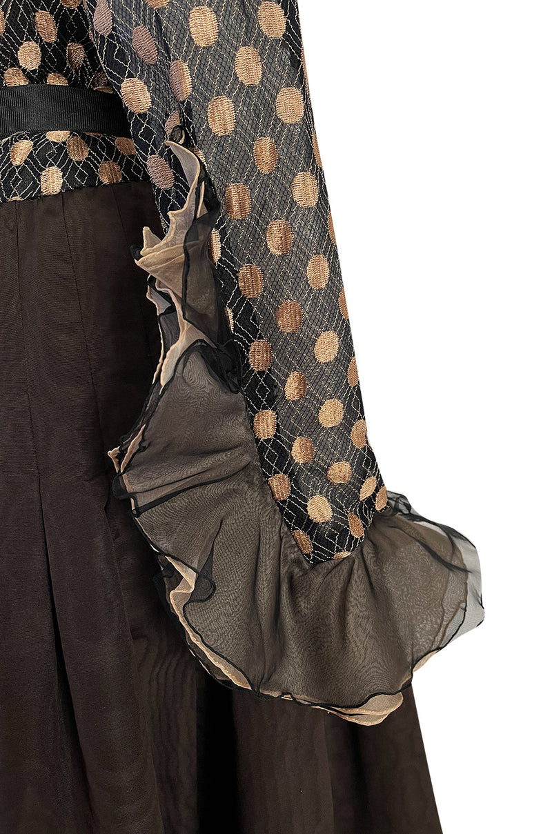 Incredible 1980s Unlabeled Haute Couture Silk Net & Brown Silk Taffeta Plunge Front Dress