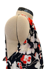 Stunning 1930s Coral, Black & Pale Grey Floral Silk Print Bias Cut Backless Dress