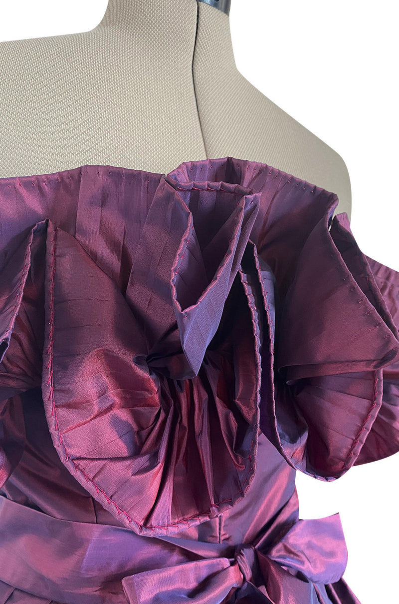 1970s Victor Costa Iridescent Deep Burgundy Purple Silk Taffeta Dress with Strapless Ruffled Neckline